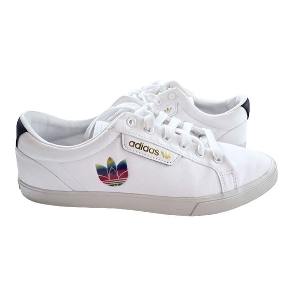 adidas Shoes - Adidas‎ Sleek White Sneakers Rainbow and Gold Logo Canvas Shoes Womens 9M